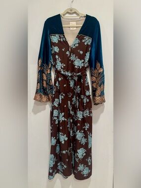 Size M Brown & Light Blue Floral Maxi Dress w/ Teal Velvet & Gold Sequin Accents